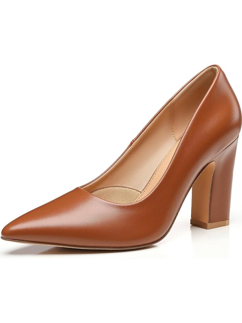 Women's Brown Closed Pointed Toe Chunky Pumps Shoes Slip-On Block High Heels